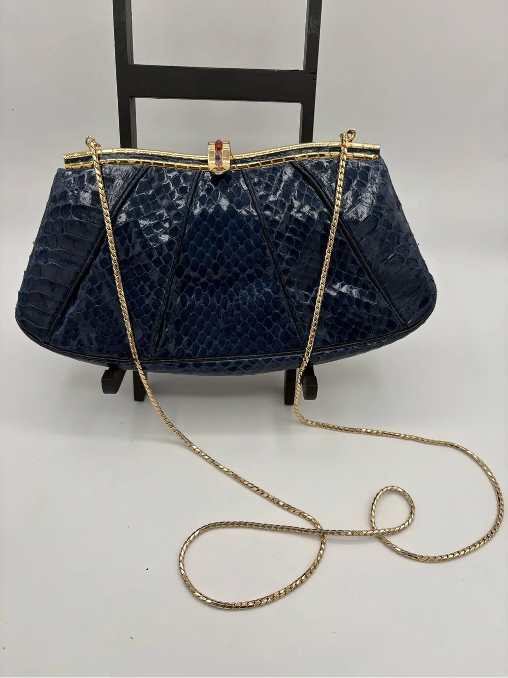 Vtg JUDITH LEIBER Snakeskin Leather Clutch Bag Small Navy Gold Multi Stones RARE